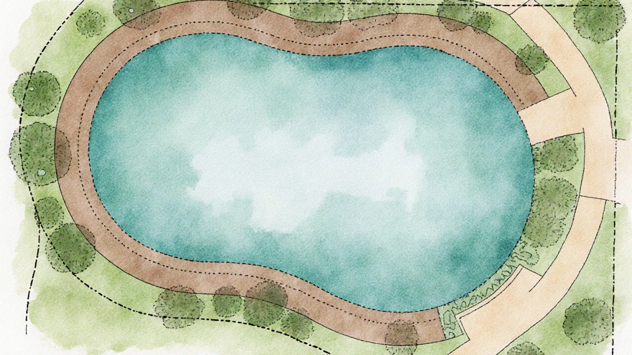 Акварельный план сада с овальным прудом, буферной зоной и областями для дренажа и растений.