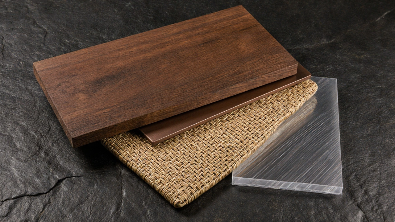 Близкий план различных материалов садовой мебели: дуб, алюминий, ротанг, ПВХ