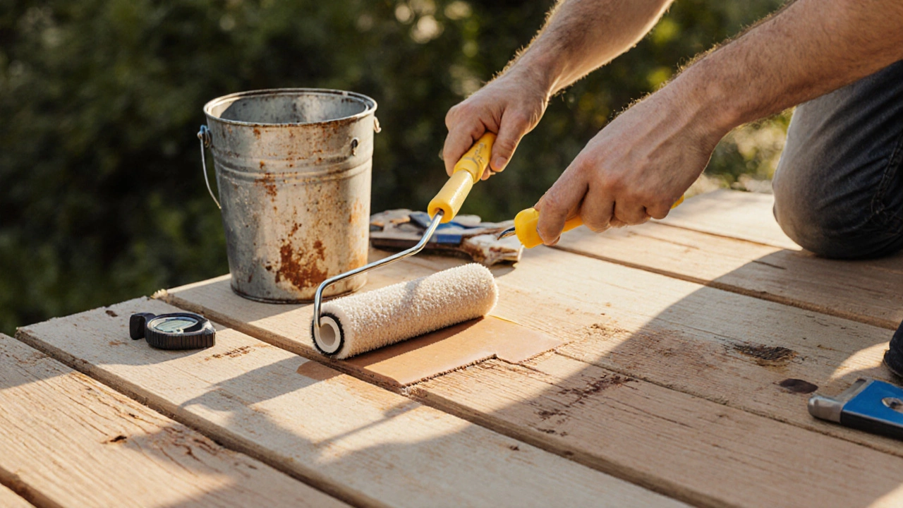 Человек наносит пропитку на террасу валиком, рядом — инструменты и упавшая банка краски.
