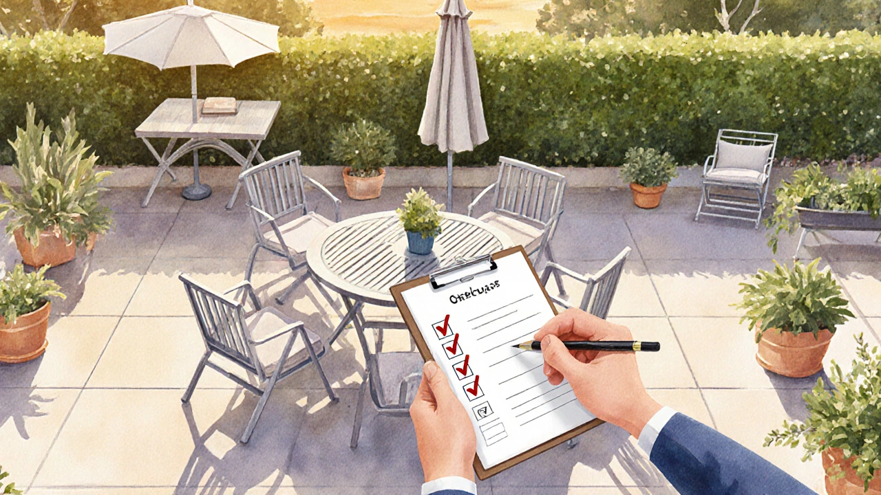 Человек проверяет чек‑лист покупателя рядом с набором садовой мебели в саду