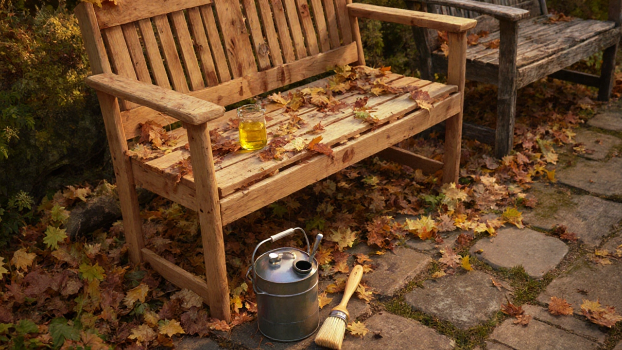 Деревянная мебель с маслом и кистью, осенью, среди листьев.