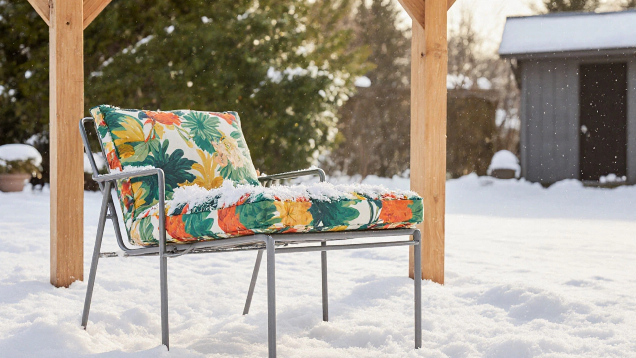 Металлический стул с акриловой подушкой под навесом, снег сметён.