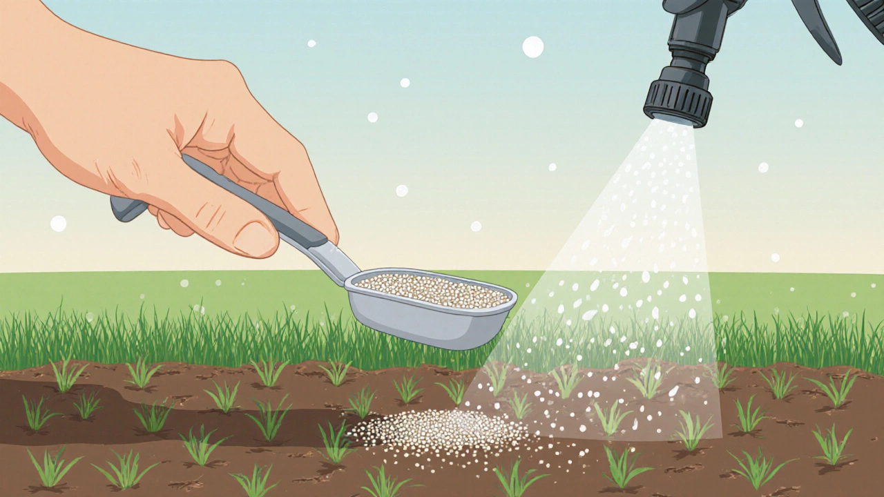 Рука распределяет семена, а затем лёгкий полив на молодом газоне.