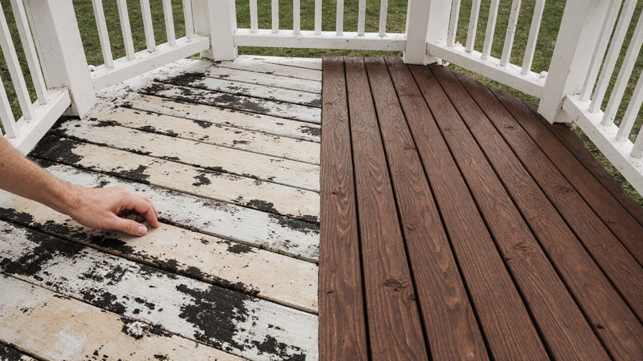 Сравнение старого гниющего пола и термодревесины в беседке.