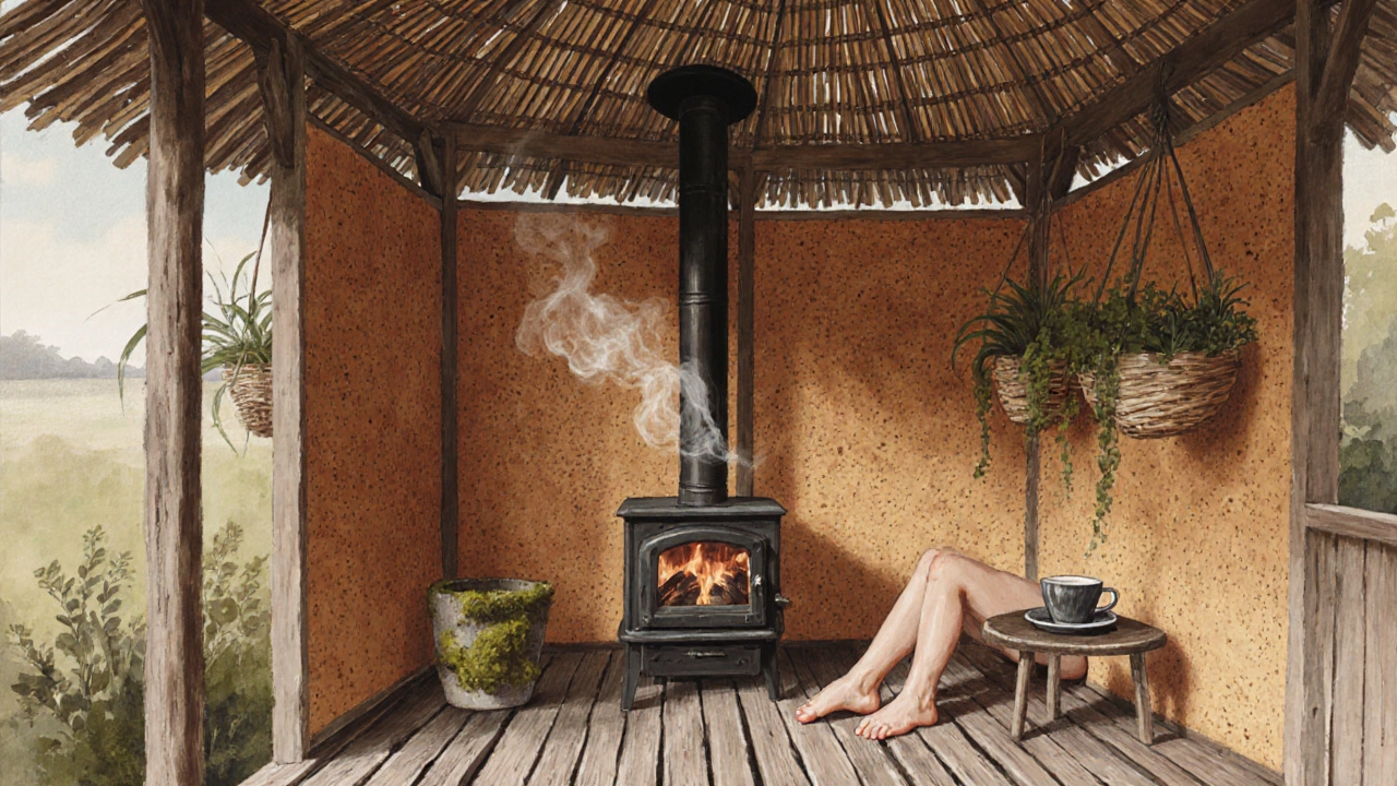 Стены из пробки, плетеный потолок и маленькая печь в беседке, создают атмосферу спокойствия.