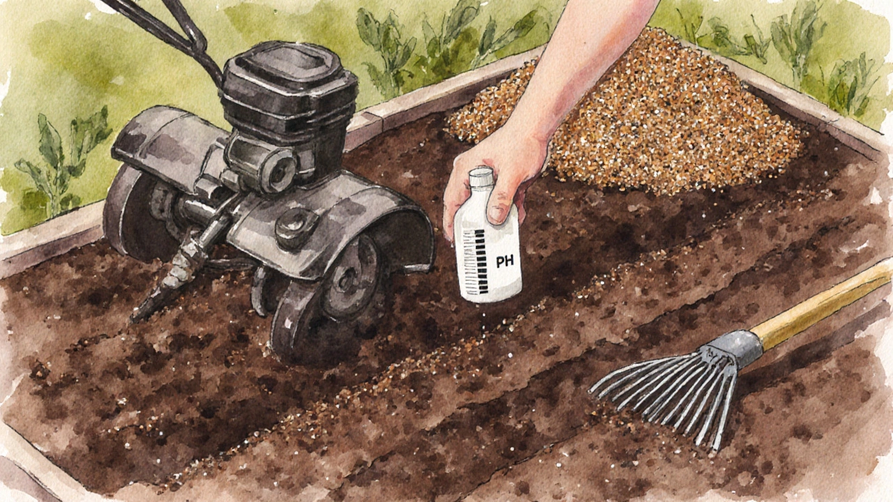 Трактор рыхлит землю, разбросаны удобрения и известь.