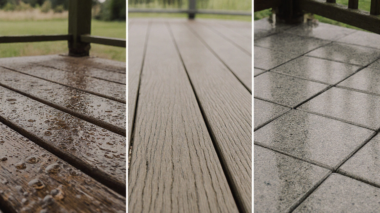 Три варианта напольных покрытий для беседки: дерево, композит и камень, под естественным светом.