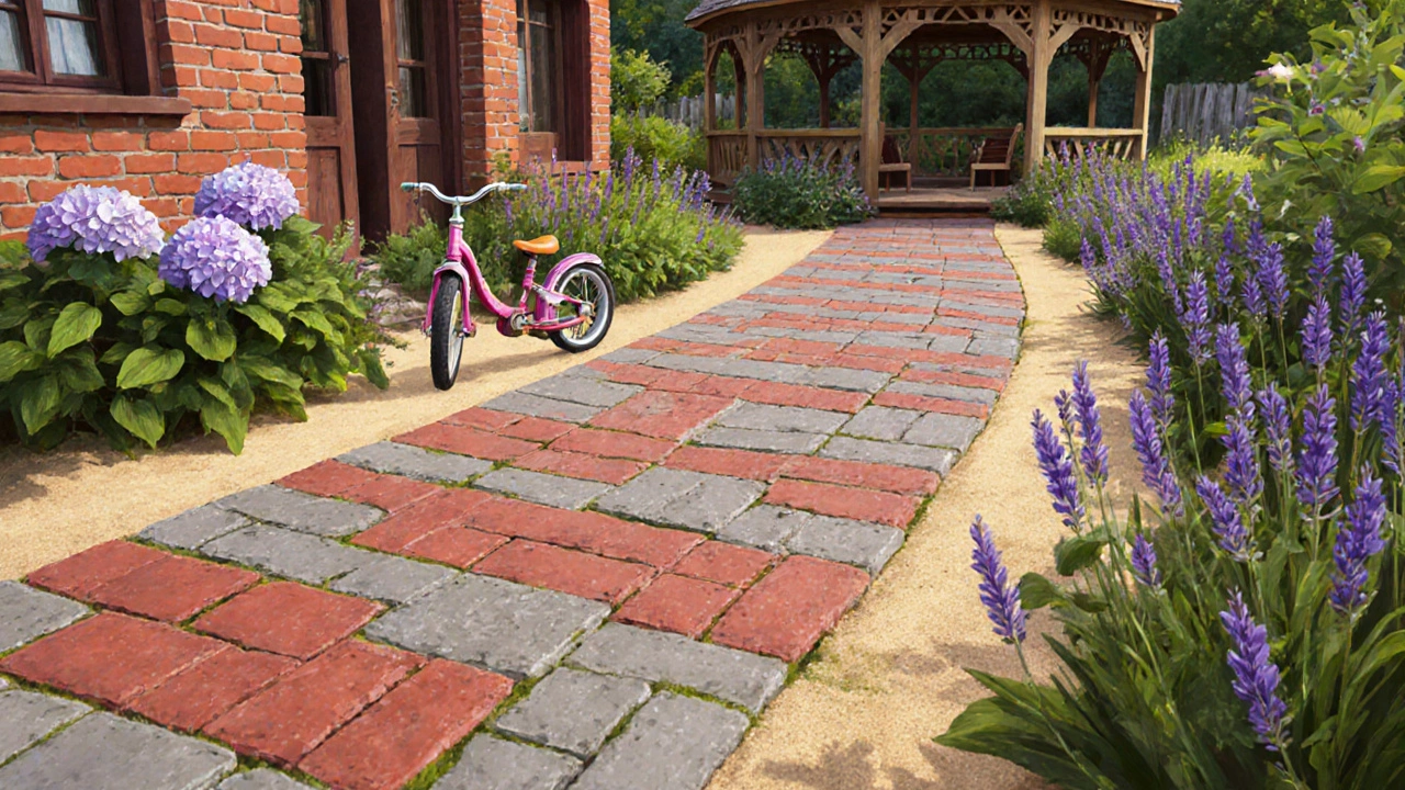 Дорожка из красной и серой тротуарной плитки в елочку, ведущая от дома к беседке.