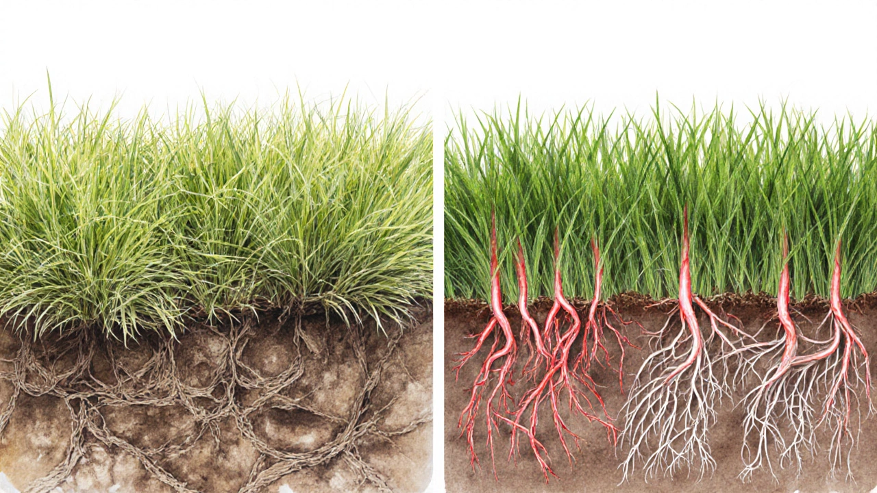 Два участка газона: один с кочками, другой — ровный, с разными типами корневых систем