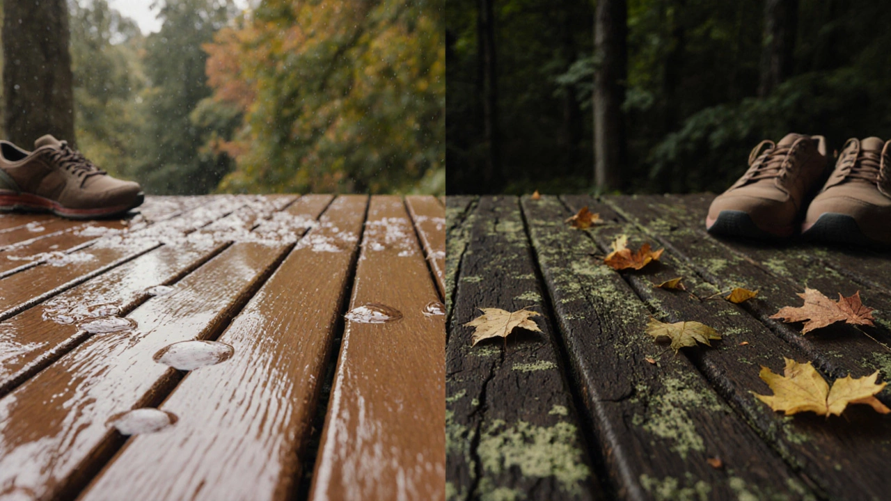 Две деревянные доски: одна защищена пропиткой с воском, другая разрушена плесенью, осенние листья вокруг.