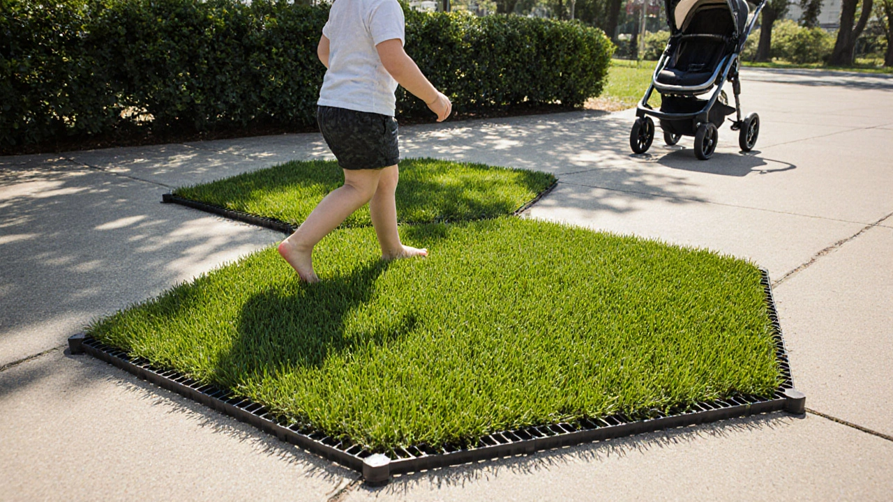 Газонная решётка с зелёной травой на бетоне, ребёнок и коляска на фоне растений.