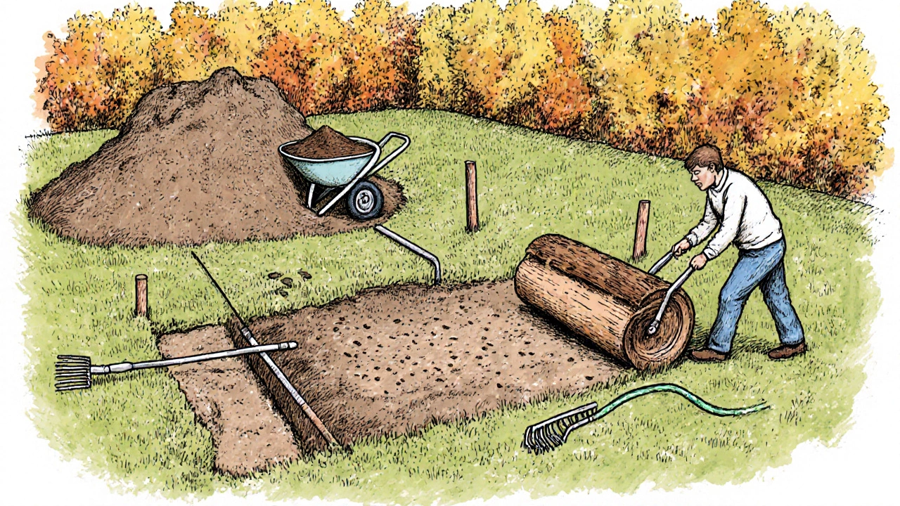 Мужчина перемещает землю тачкой и утрамбовывает её бревном на дачном участке.