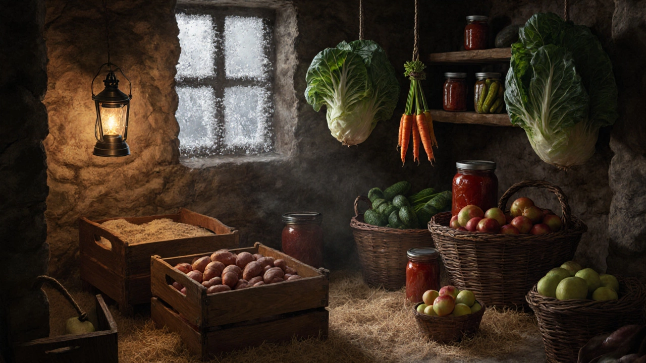 Подвал с хранящимися овощами: картофель, морковь, капуста и банки с заготовками.