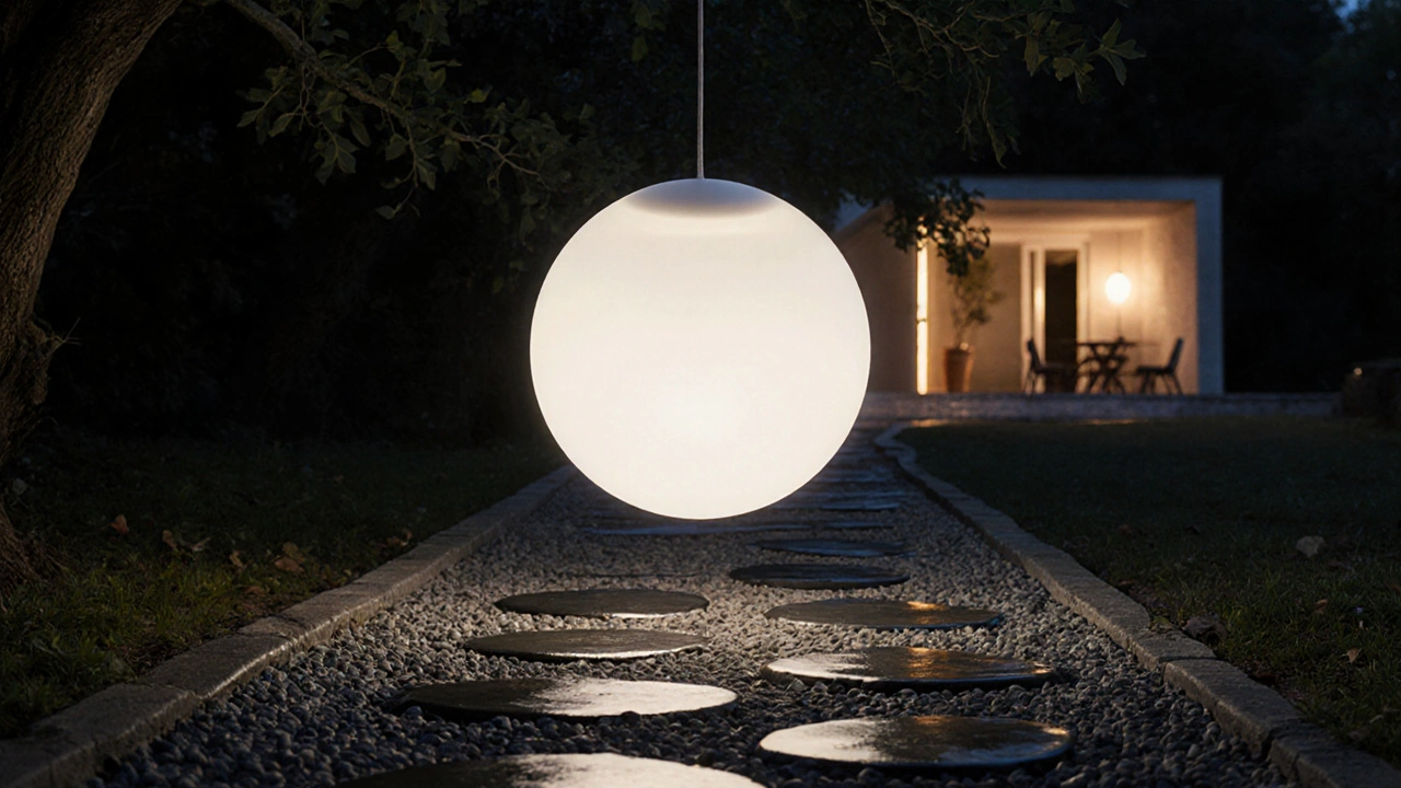 Прозрачный светящийся шар над гравийной дорожкой, создающий эффект лунного сияния.