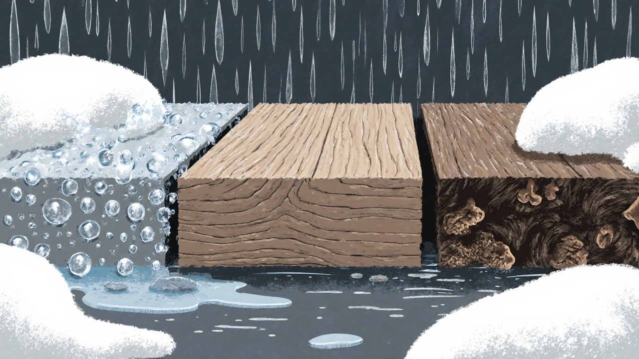 Разрез деревянной доски, показывающий воздействие воды, солнца и плесени на структуру дерева.