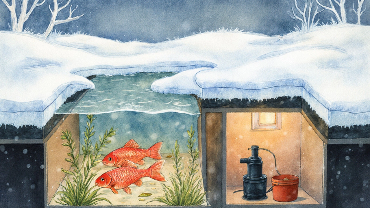 Разрез пруда зимой: рыба в тёплой воде под льдом, растения и хранящийся насос в ведре, тёплый свет снизу.