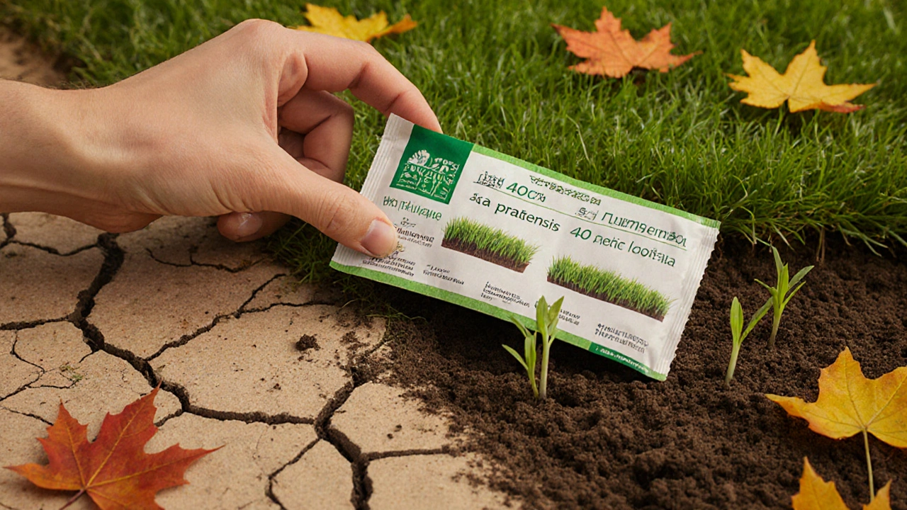 Рука держит пакет с семенами, из которого растет газон, почва превращается из сухой в плодородную.