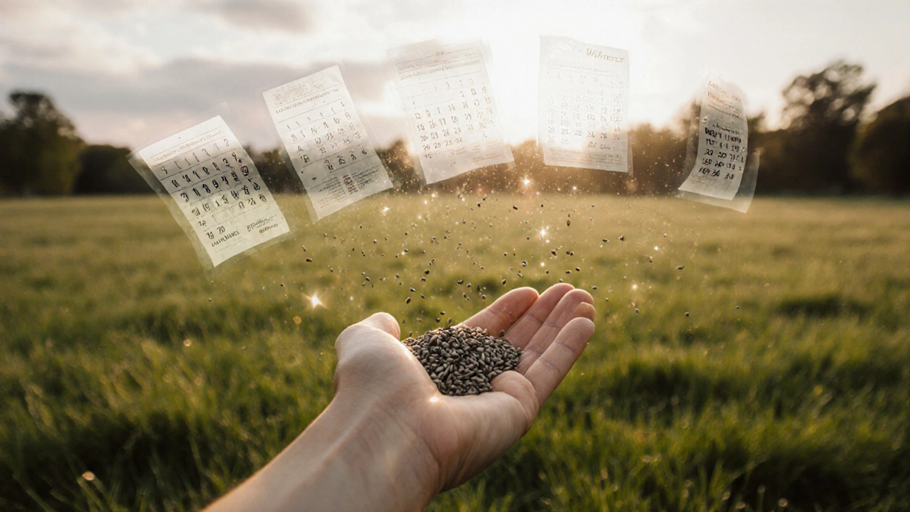 Рука держит семена газона, фон — зрелый газон и смена сезонов, символизирующая рост во времени.