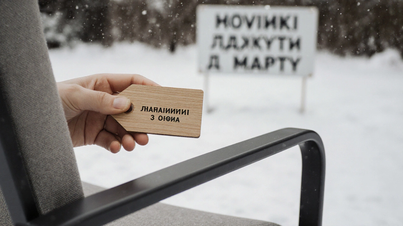 Рукой держится ярлык гарантии на уличном кресле, на фоне зимнего сада.