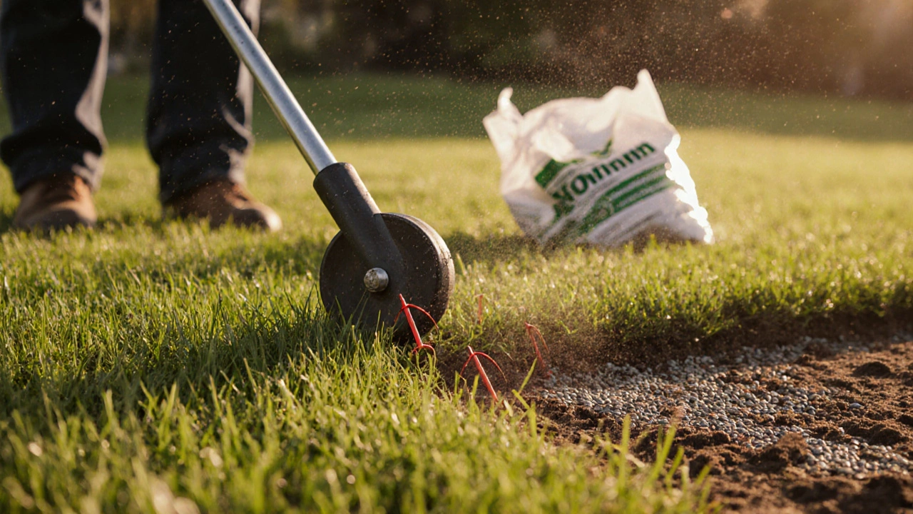 Садовник аэрирует газон, рядом — свеже посаженная овсяница, на земле лежит пакет с дешевой смесью
