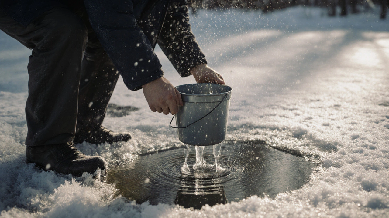 Садовник ставит ведро с тёплой водой на лёд, чтобы создать отверстие для кислорода, снег падает вокруг.