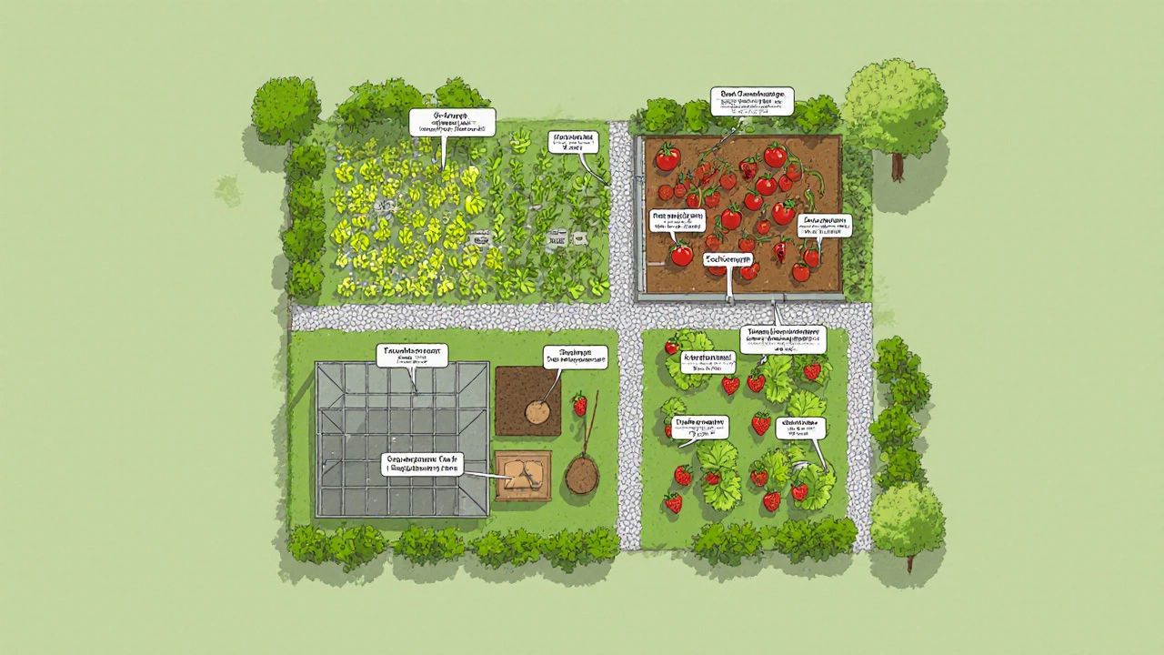 Схема огорода на 120 кв. м с зонами посадок и дорожками для эффективного ухода.