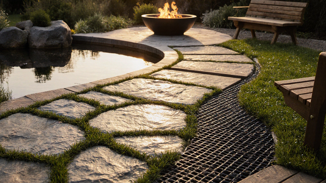 Смешанная дорожка из камня, дерева и решетки с травой, ведущая к пруду и костровой зоне.