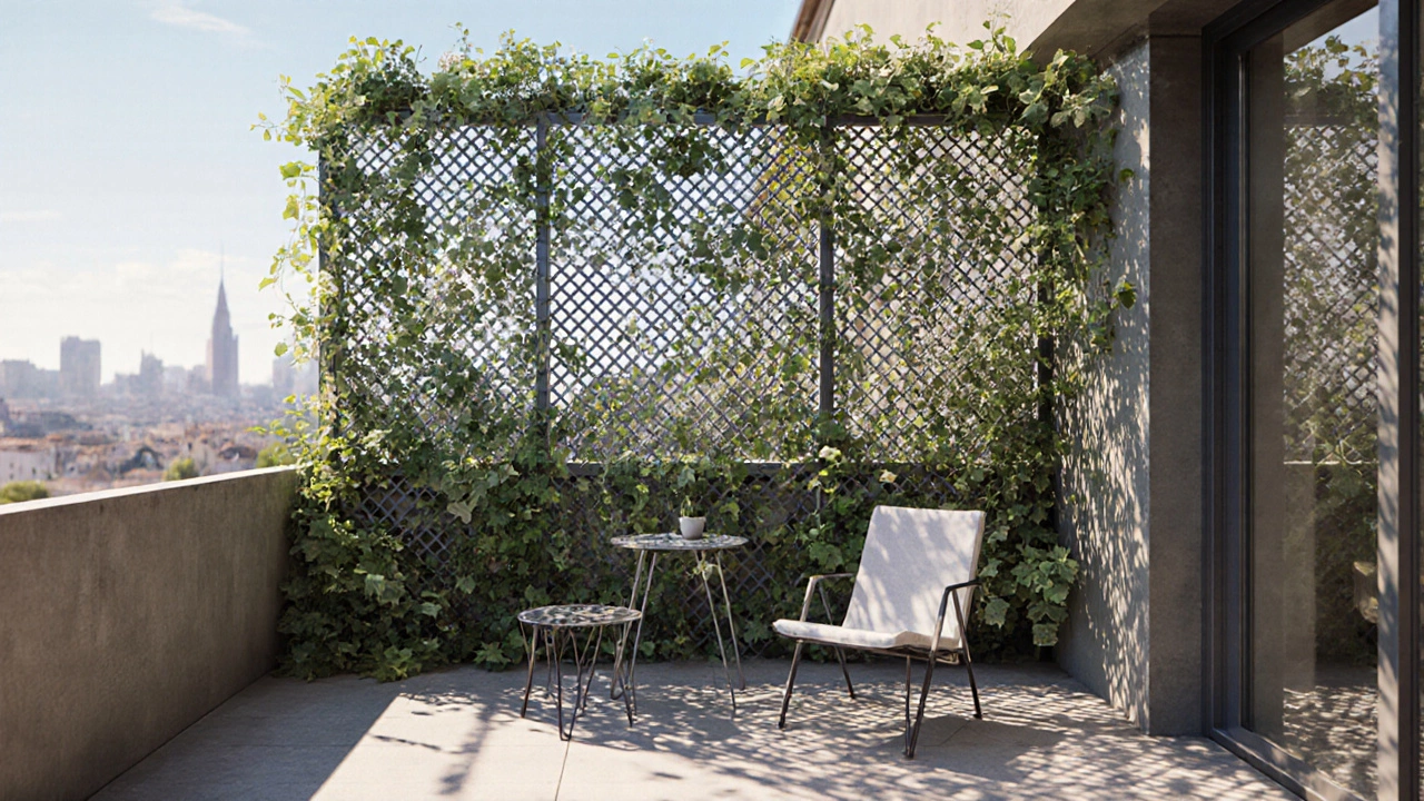 Современная металлическая решётка с вьющимися растениями, создающая живую зелёную стену на террасе.