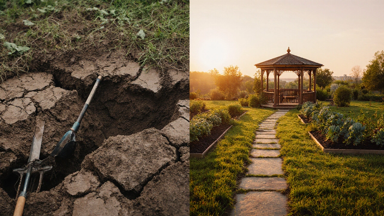 Сравнение неровного и выровненного дачного участка: хаос и порядок.