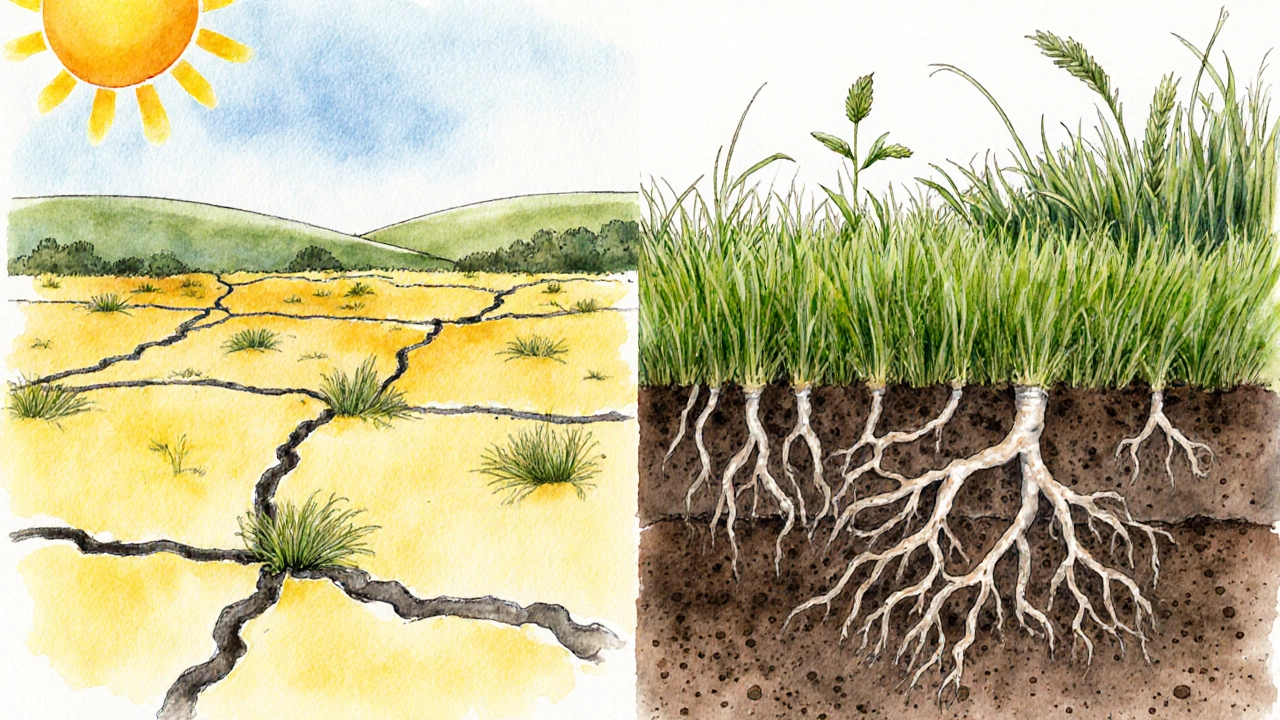 Сравнение: треснувший рулонный газон слева и густой посевной газон справа с корнями в почве.