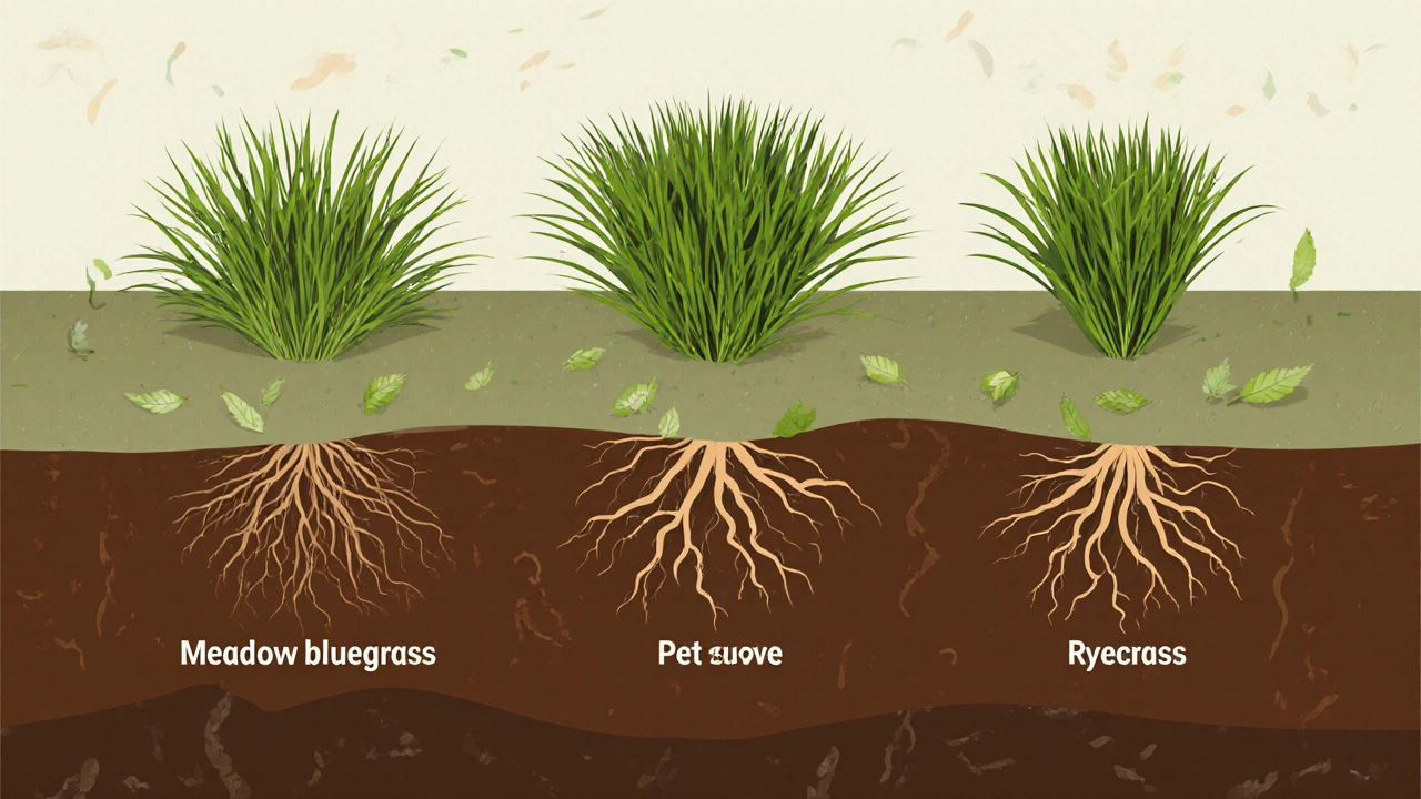 Три вида российских газонных трав с корнями в слоях почвы, художественное изображение.