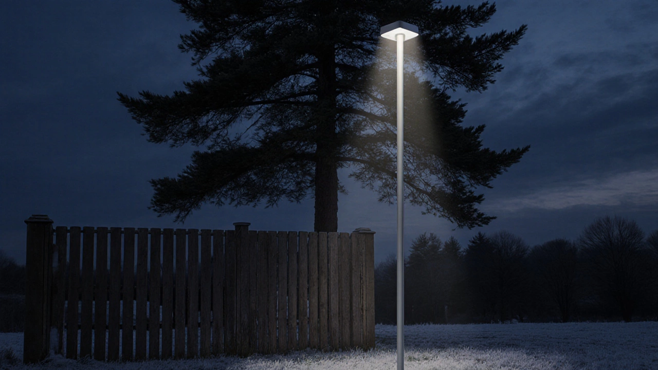 Высокий светильник направляет свет вверх, освещая крону сосны в тёмном саду.