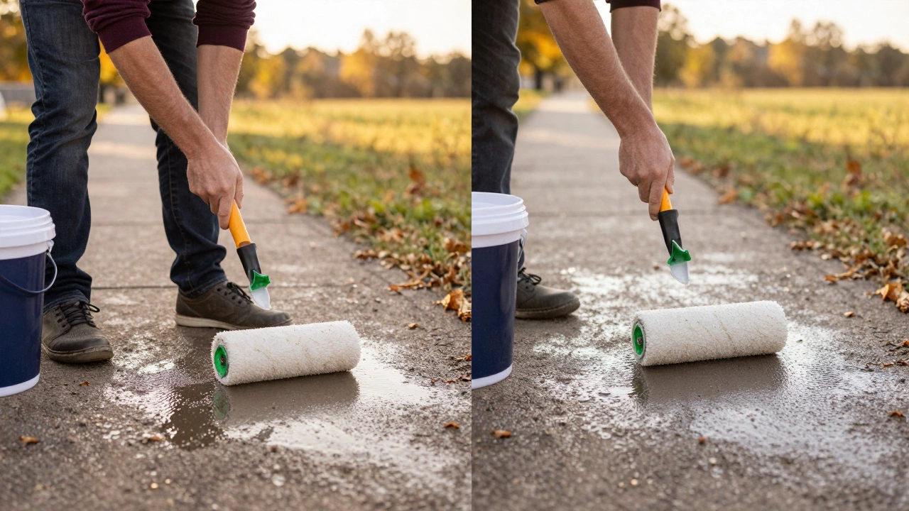 Человек наносит пропитку на бетонную дорожку кистью, вода отталкивается от обработанной поверхности.