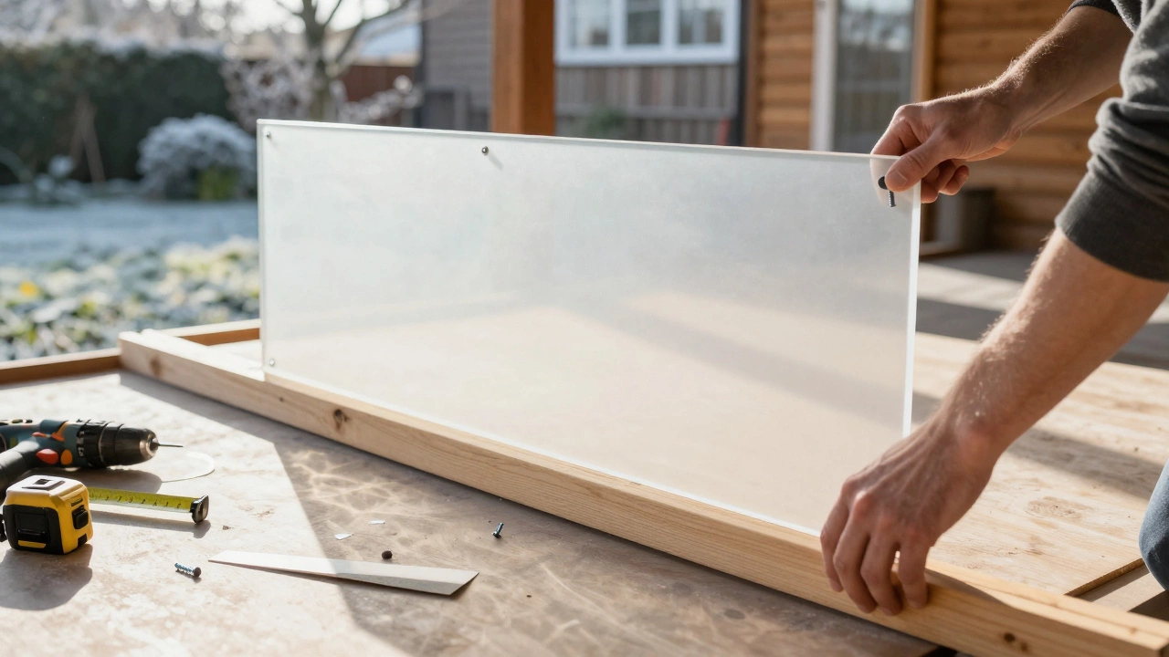 Человек устанавливает сотовый поликарбонат на деревянный каркас веранды с помощью саморезов.