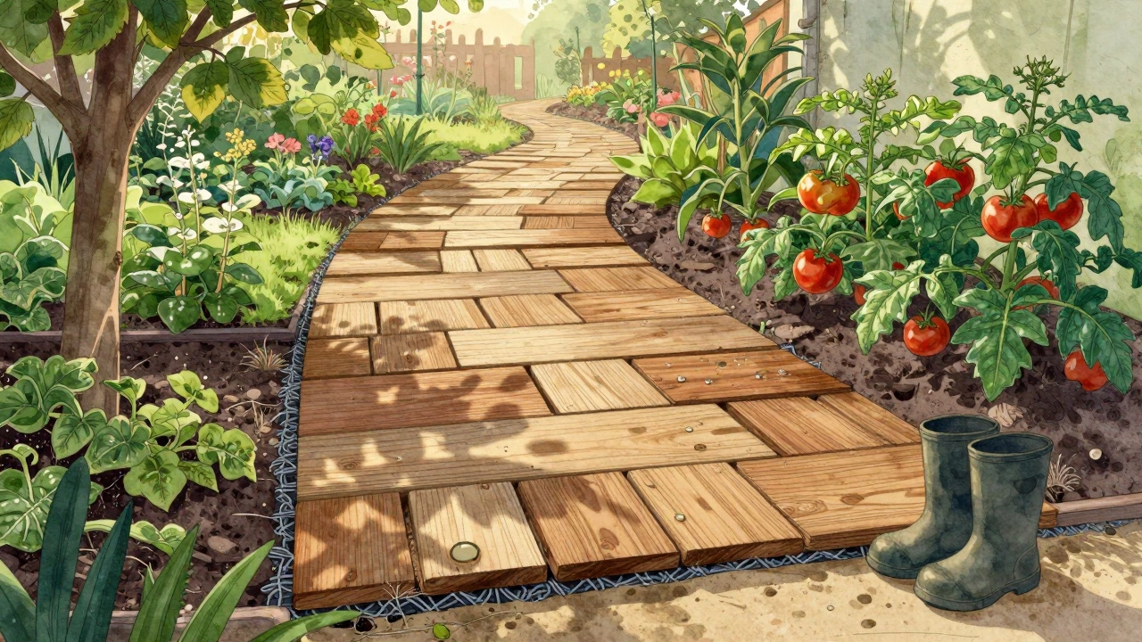 Дорожка из композитных деревянных плит в саду, с утренней росой и детской обувью у края, в золотистом свете заката.