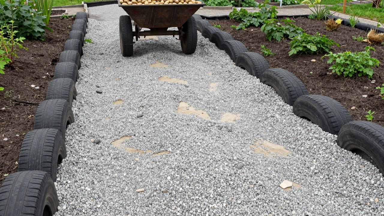 Гравийная дорожка с бордюрами из старых шин, на которой стоит тележка с картошкой, в саду под пасмурным небом.