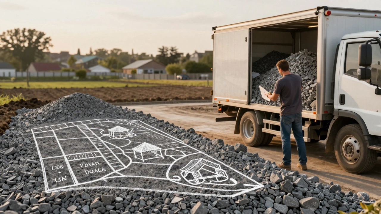 Грузовик разгружает щебень на участке, хозяин стоит рядом с планом зонирования территории.
