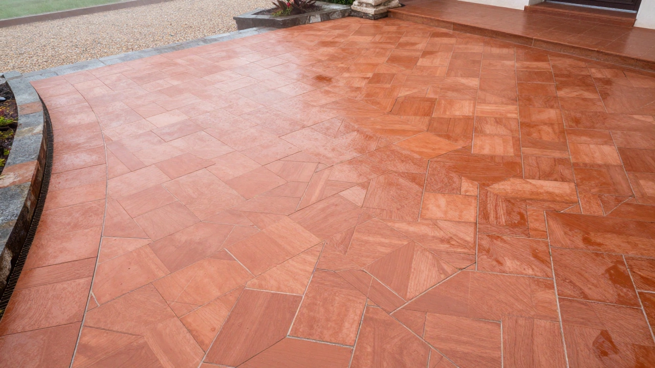 Клинкерная плитка в шахматном порядке на террасе после дождя