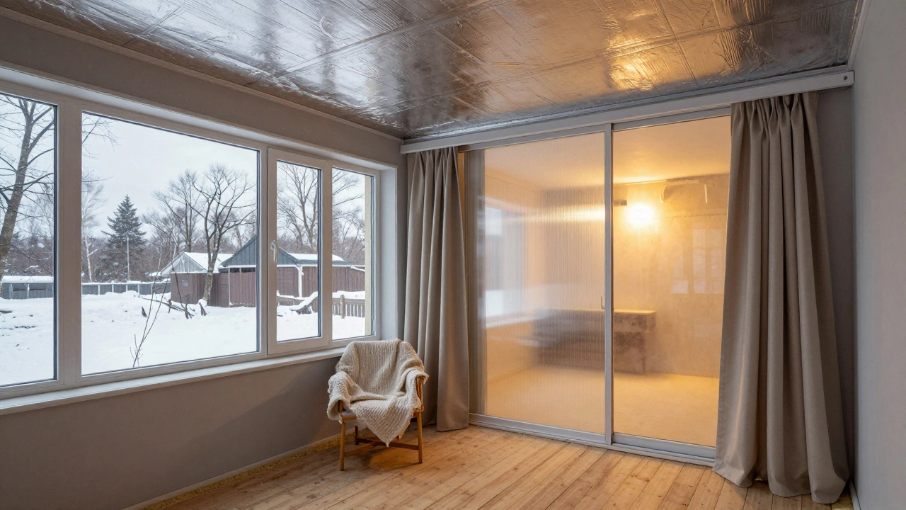 Комбинированная веранда: ПВХ-окна, поликарбонат и термоплёнка на потолке с уютным креслом.