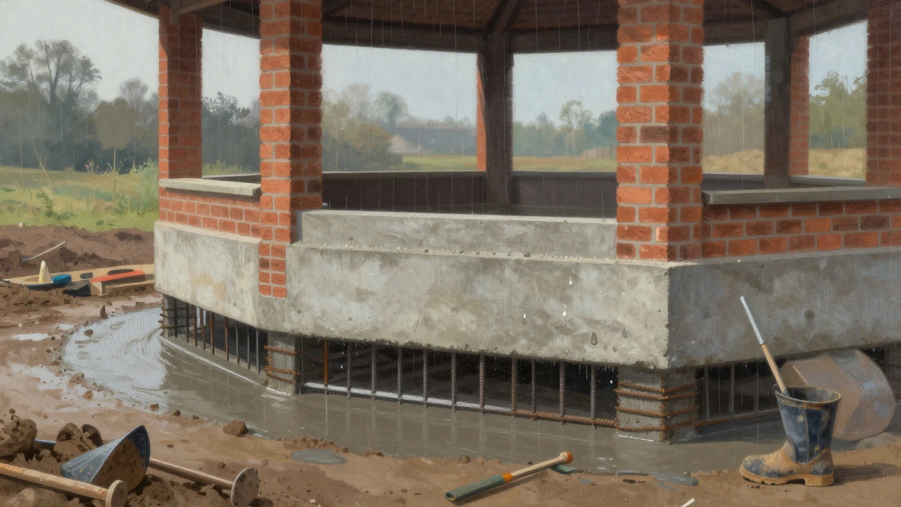 Ленточный фундамент под кирпичной беседкой с видимой арматурой, только что залитый бетон под дождем.