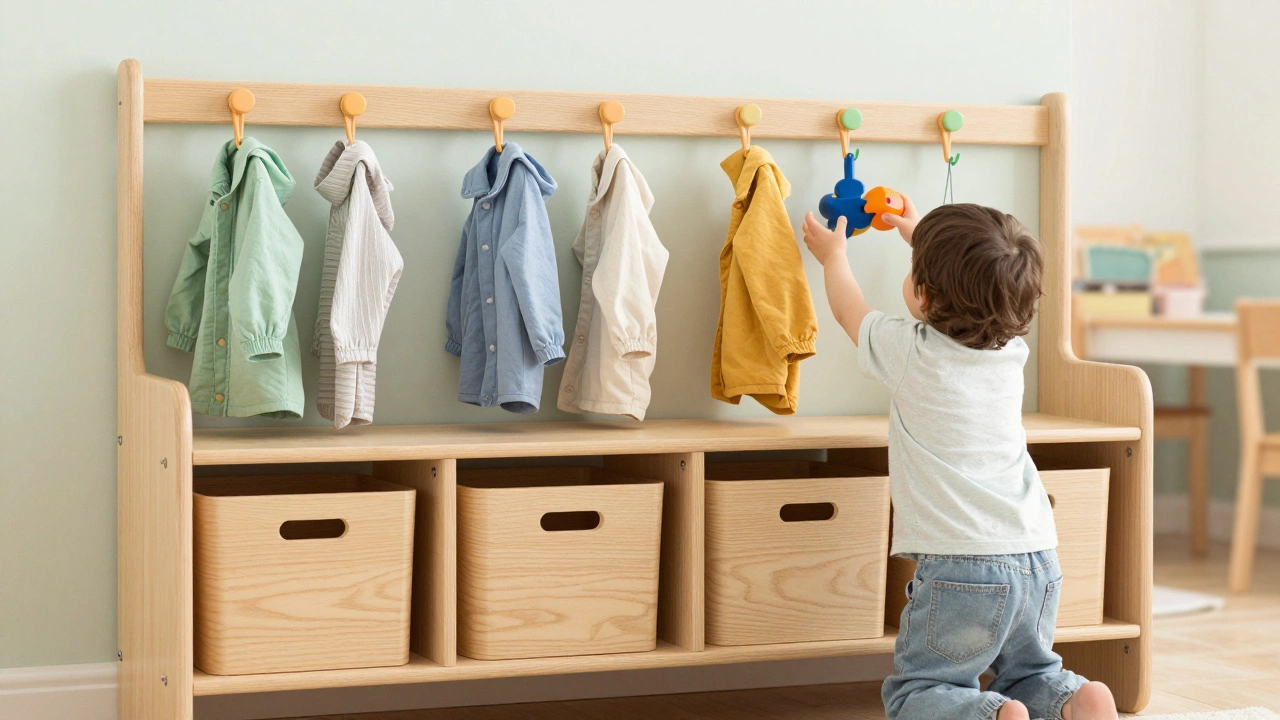 Низкие полки с открытыми ящиками и крючки для верхней одежды на уровне плеч ребёнка