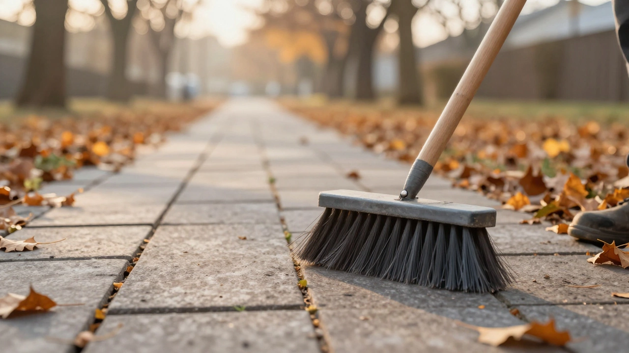 Осенью, человек чистит швы между плитками щеткой, сорняков нет, только листья на поверхности.