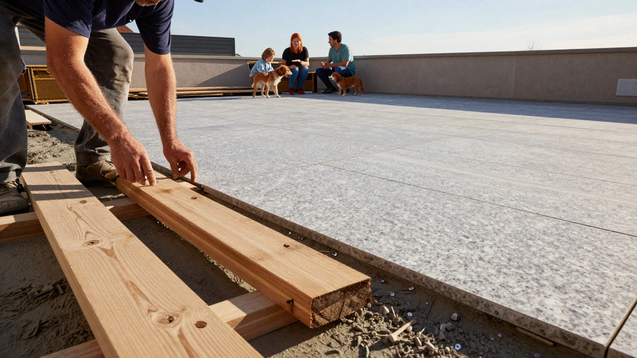 Работники укладывают керамогранит на террасу, семья отдыхает на фоне.