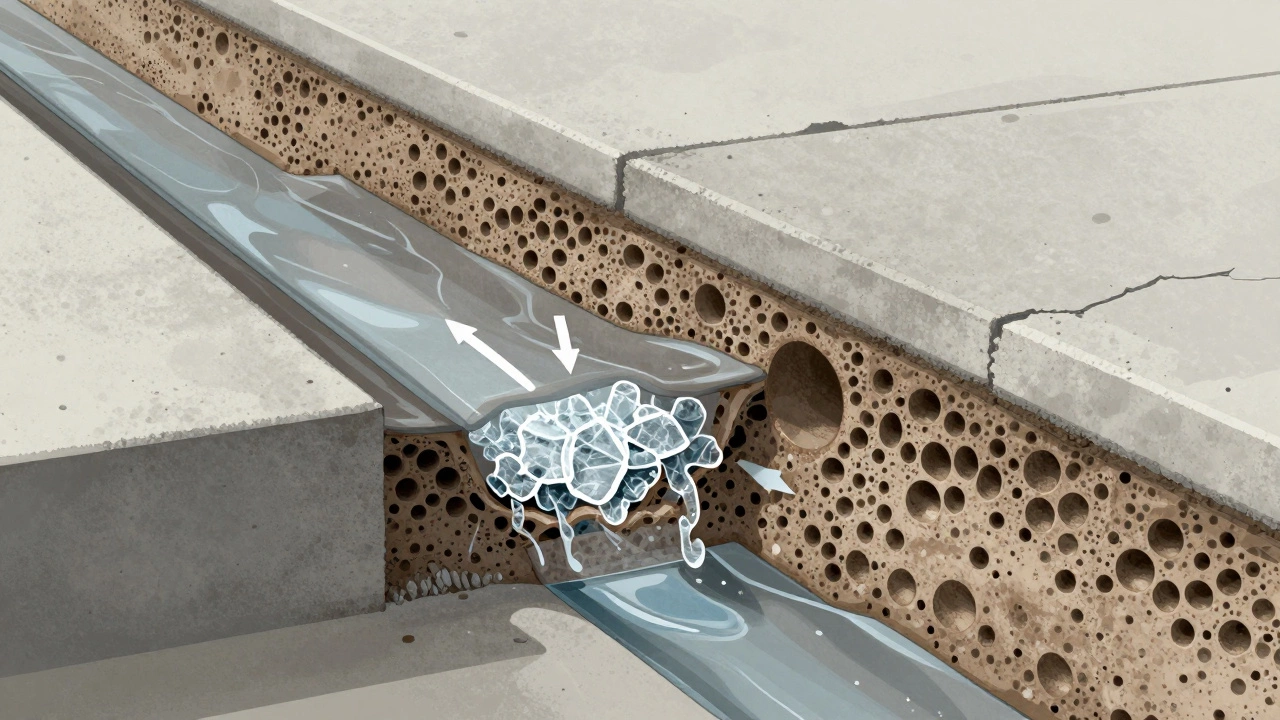 Разрез бетонной дорожки, показывающий проникновение воды и защитный барьер от пропитки внутри пор.