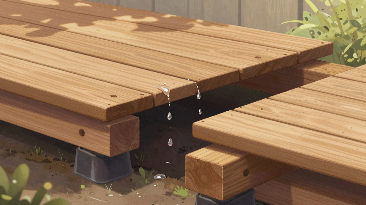 Разрез террасы: толстые доски на лагах с правильным и неправильным шагом, вода скапливается над слишком дальними лагами.