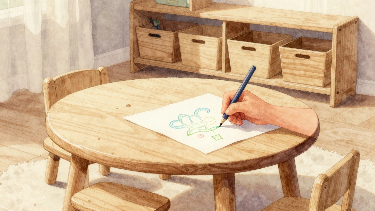 Ребёнок рисует за деревянным столом с закруглёнными краями и подножкой