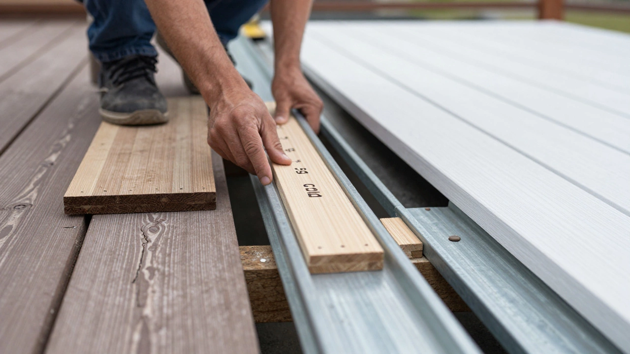 Рука кладёт шаблон 35 см на стальные лаги, на заднем плане — треснувшая и идеальная террасы.