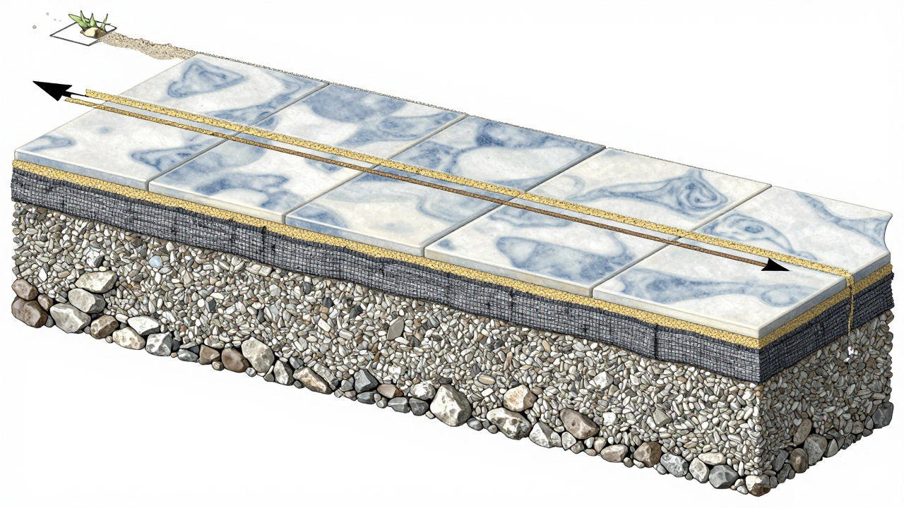 Схема слоев дорожки: щебень, геотекстиль, гравий, плитка, полимерный наполнитель — без прорастания корней.