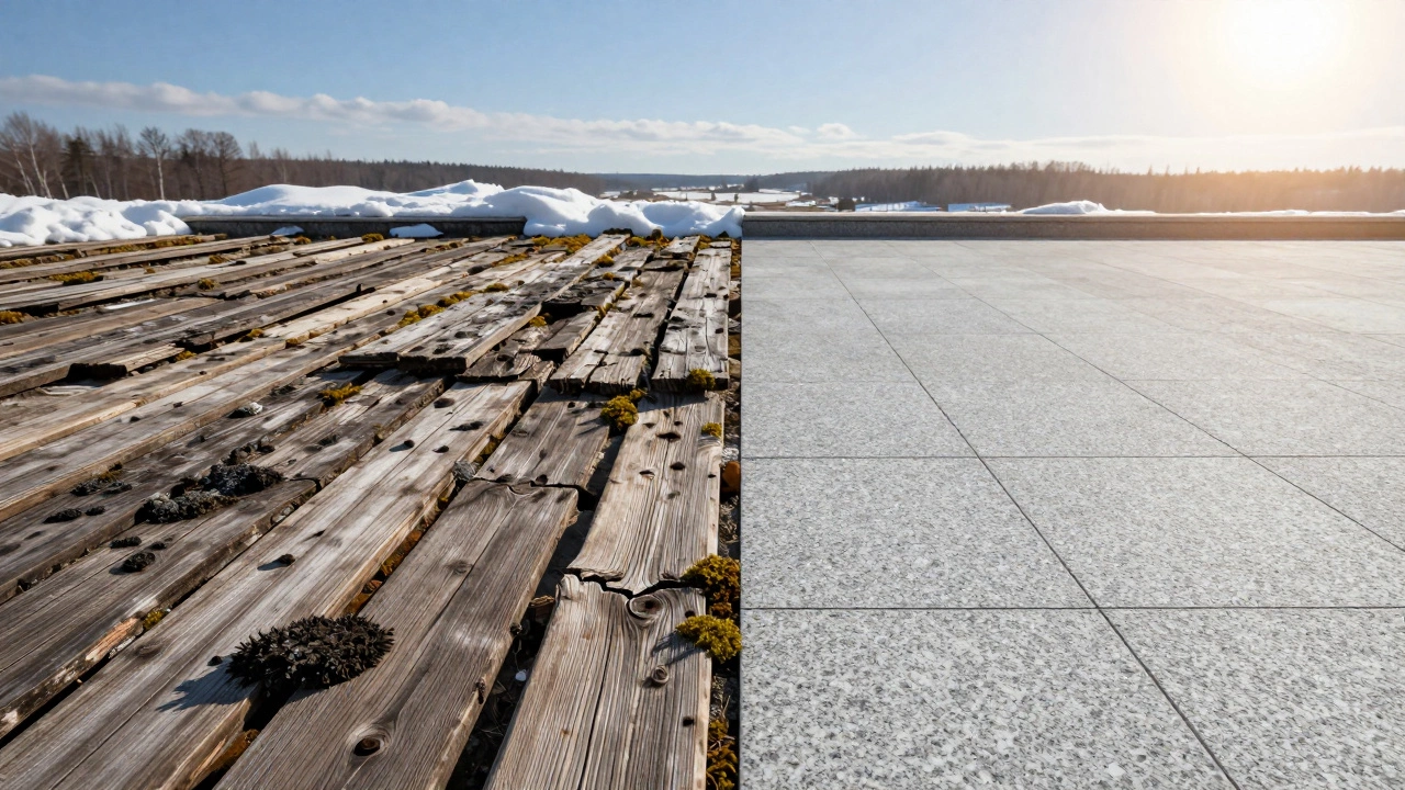 Сравнение: гнилые доски слева и керамогранитные плитки справа на террасе.