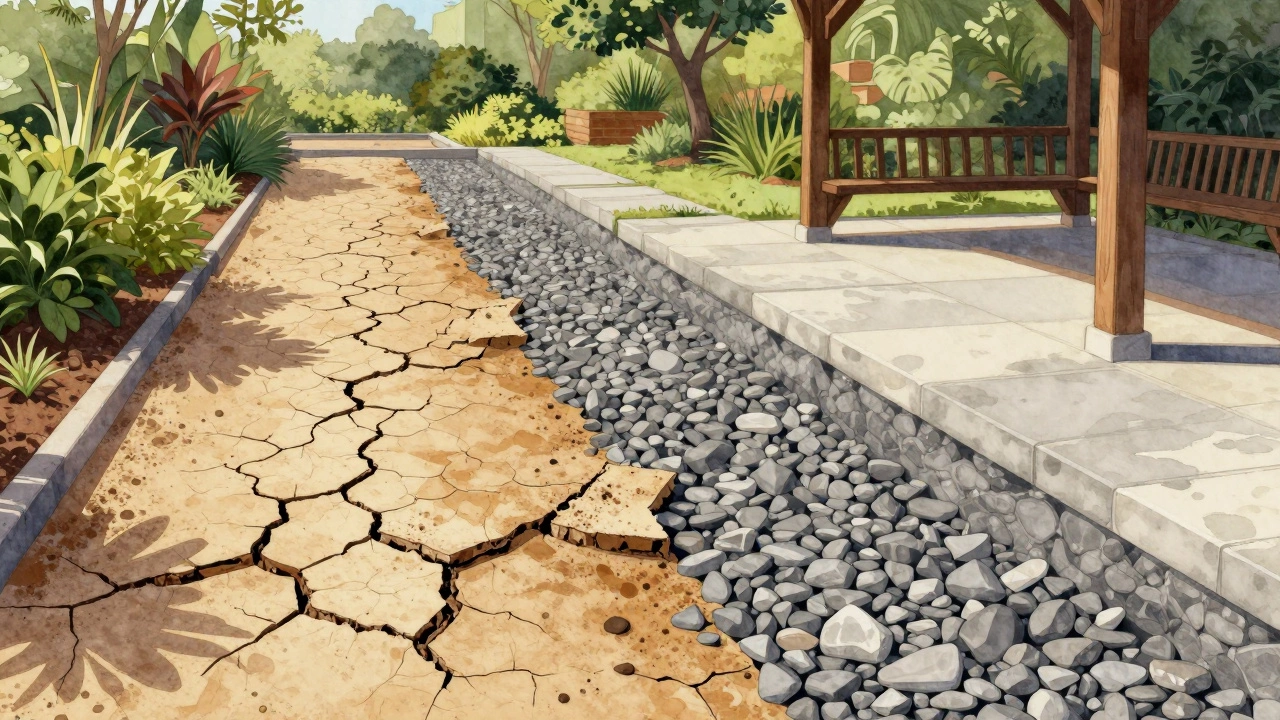 Сравнение: треснувшая дорожка слева и ровная, уложенная с геотекстилем — справа.